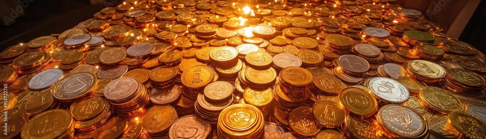Poster a stunning arrangement of shiny gold coins, reflecting light to create a warm and inviting atmospher