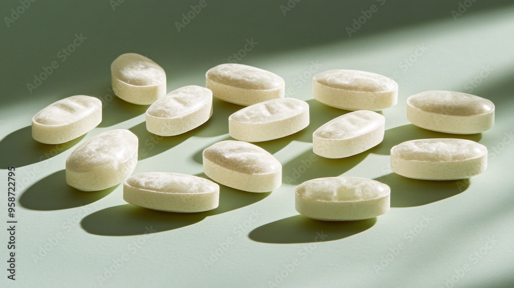 Poster Photogram of medicine tablets arranged to form a geometric pattern casting sharp shadows on a light-sensitive surface Stock Photo with copy space