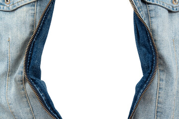 Metal lock on denim jacket on white background. Empty space. Zipper lock isolate