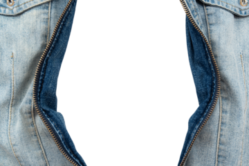 Metal lock on denim jacket on white background. Empty space. Zipper lock isolate