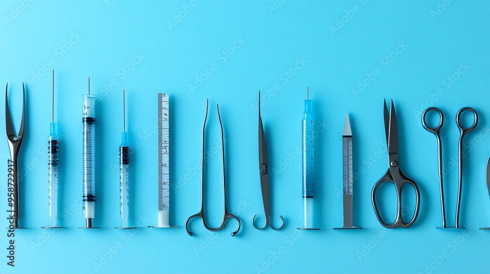 Poster silhouette of various medical tools like syringes and surgical scissors arranged in a balanced compo
