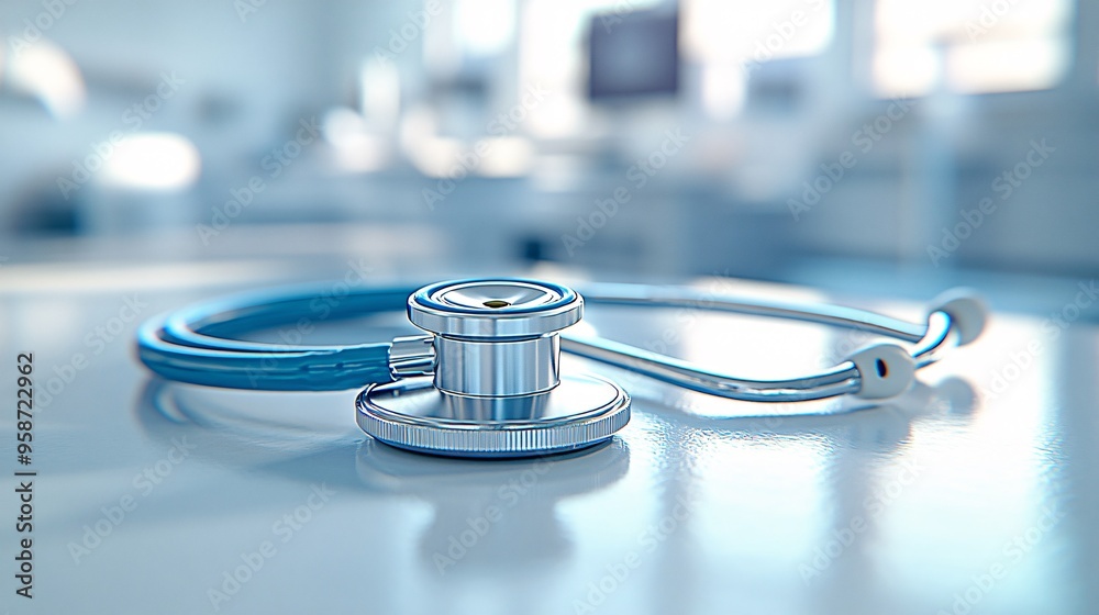 Poster detailed photogram of a stethoscope laying flat against a white light-sensitive surface casting shar