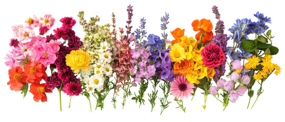 Colorful flowers showcasing nature's beauty and variety isolate on transparent background, cutout, png