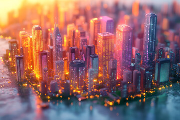 A futuristic city with diamond-shaped skyscrapers in pastel orange and lavender hues, isolated on a soft pastel green background,