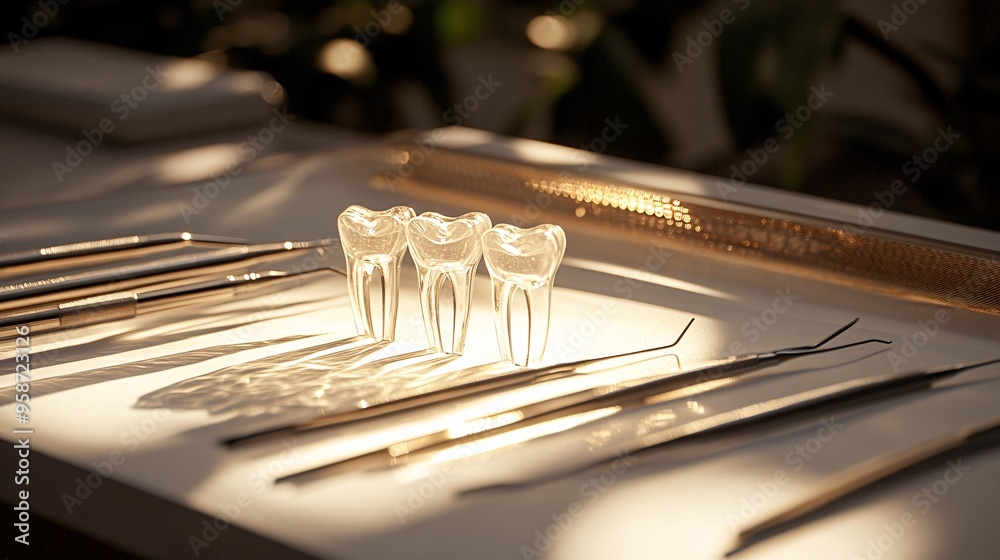 Poster A set of dental instruments placed on a light-sensitive surface creating a photogram with clean sharp shadows and well-defined outlines Stock Photo with copy space