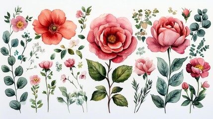 Obraz premium Watercolor Floral Design with Red and Pink Flowers Generative AI