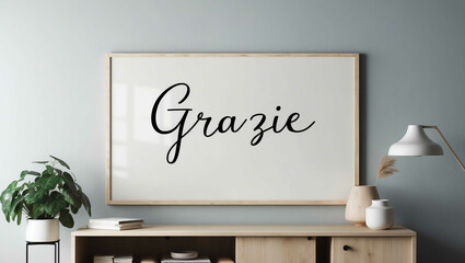 grazie cursive word written on whiteboard minimalist concept