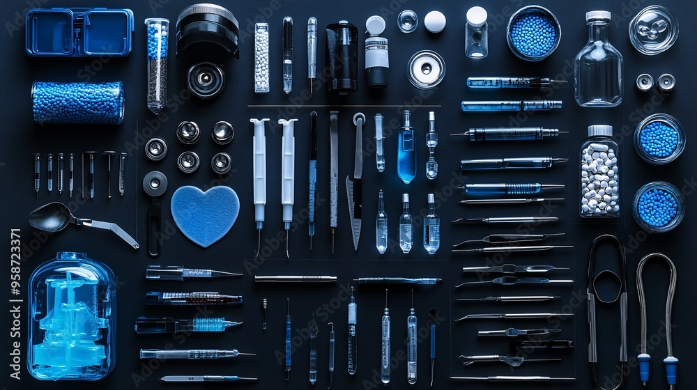 Poster Layered medical instruments arranged to create an intricate photogram design showcasing the variety and complexity of medical tools Stock Photo with copy space