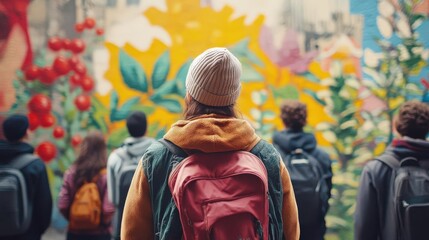 4K Detail Realistic Street art tour, guide explaining mural to group,