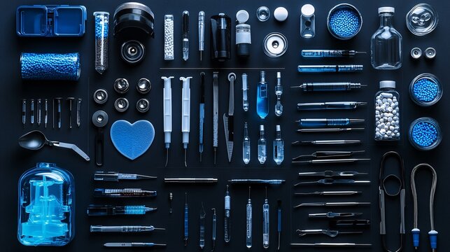 Layered medical instruments arranged to create an intricate photogram design showcasing the variety and complexity of medical tools Stock Photo with copy space