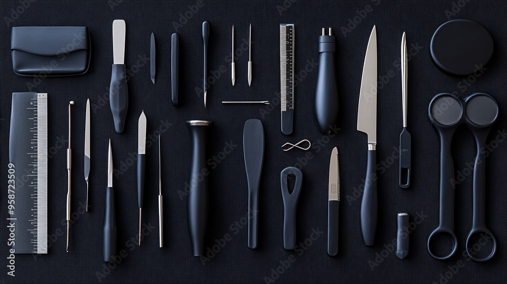 Poster Layered medical instruments arranged to create an intricate photogram design showcasing the variety and complexity of medical tools Stock Photo with copy space