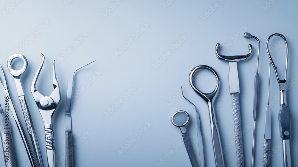 Poster photogram of surgical tools in a neatly arranged composition casting strong clear shadows on a light
