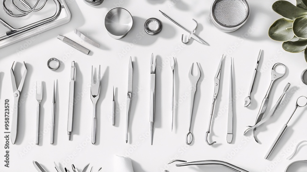 Aufkleber photogram of surgical tools in a neatly arranged composition casting strong clear shadows on a light