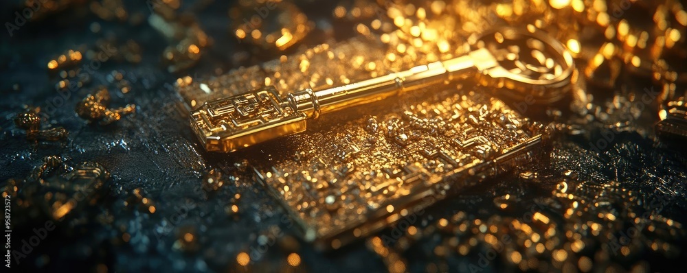 Poster A close-up of a golden key resting on a textured surface, shimmering in soft light, symbolizing treasure and secrets.