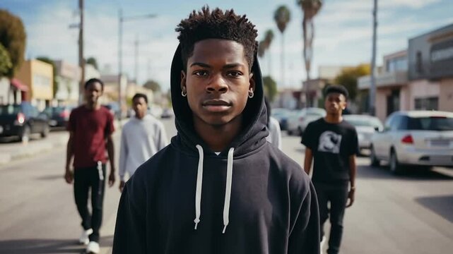 Group of young men walking street serious face