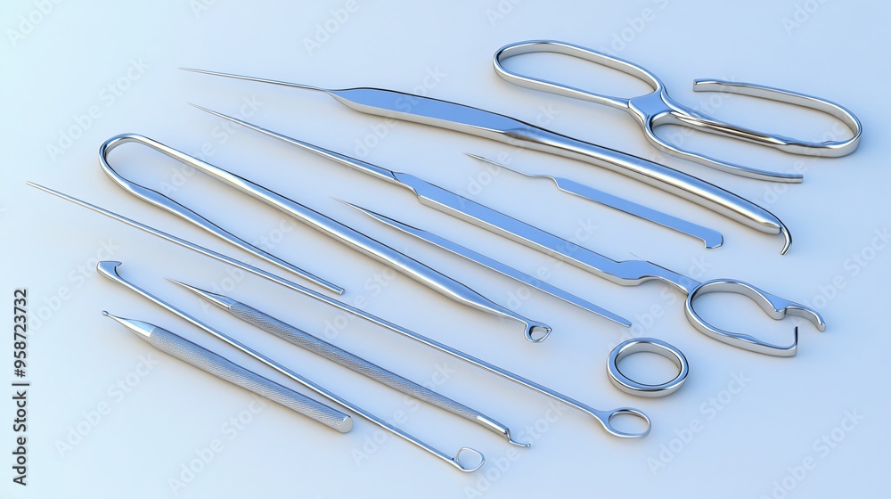 Poster medical instrument set including a scalpel and tweezers laid out to create a photogram highlighting 