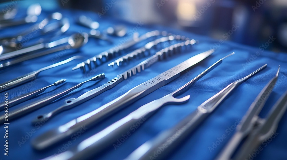 Aufkleber medical instrument set including a scalpel and tweezers laid out to create a photogram highlighting 