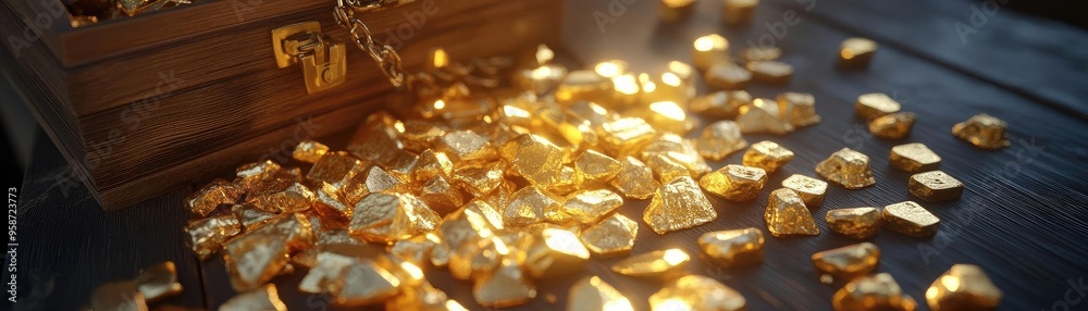 Poster A treasure chest overflowing with golden gems, illuminated by soft light, creating a luxurious and captivating scene.