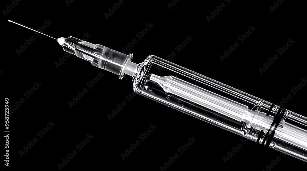 Poster Detailed photogram showing the outline of a medical syringe with its needle pointing upwards creating a strong visual statement Stock Photo with copy space