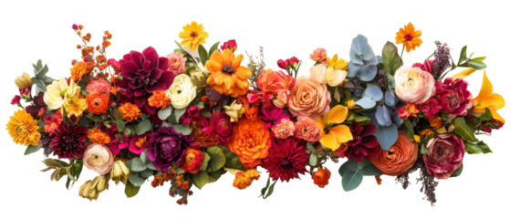 Floral arrangement showcasing colorful blooms in a harmonious blend isolate on transparent background, cutout, png