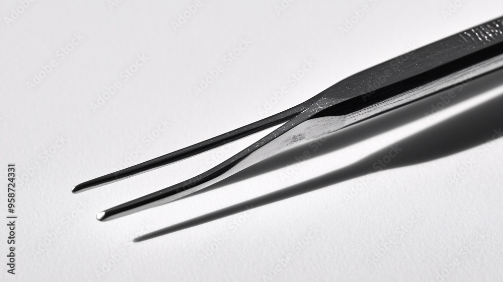 Poster photogram showing the detailed contours of a pair of medical forceps casting a sharp shadow on a whi