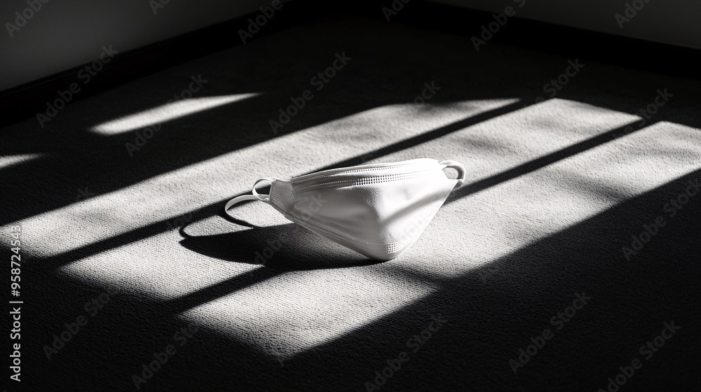 Poster photogram of a medical mask laid flat on a light-sensitive surface casting soft shadows that highlig