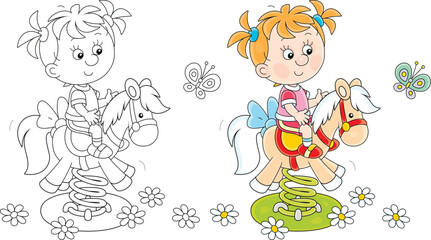 Cute little girl swinging on a toy horse on a playground in a park, color and black and white vector cartoon illustrations