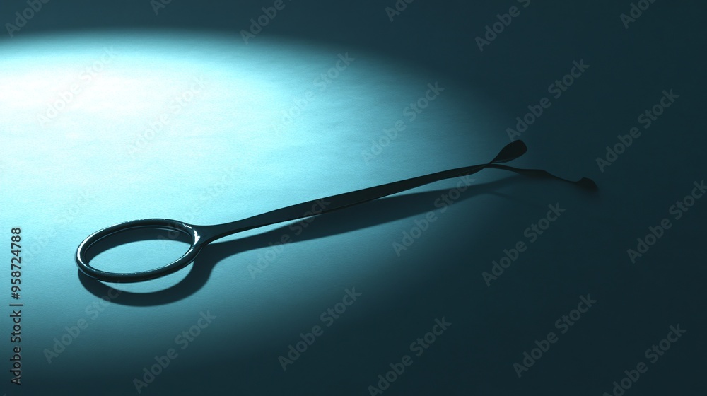 Poster Shadowy outline of a surgical scalpel on a light-sensitive surface creating a stark photogram that emphasizes the precision of surgical instruments Stock Photo with copy space