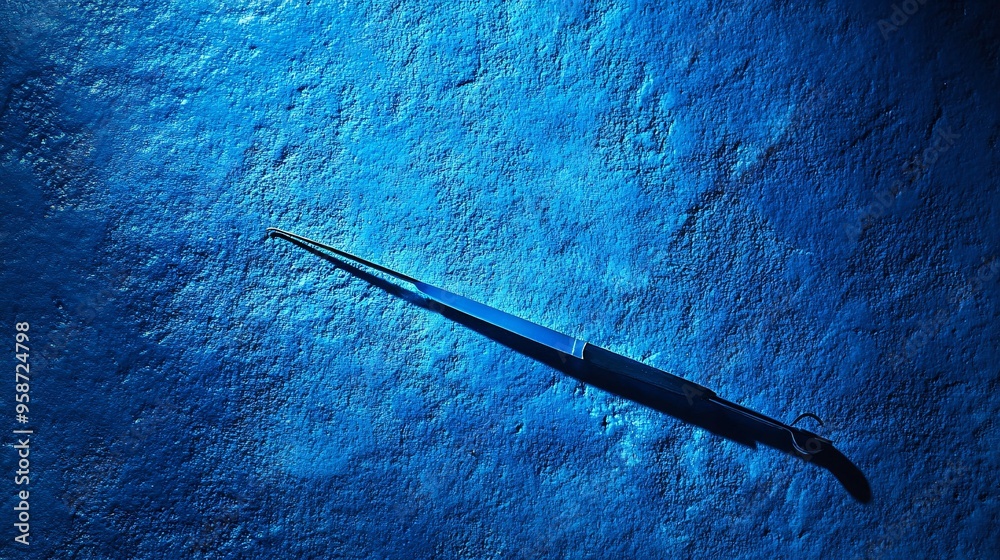 Poster Shadowy outline of a surgical scalpel on a light-sensitive surface creating a stark photogram that emphasizes the precision of surgical instruments Stock Photo with copy space
