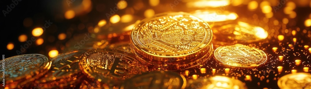 Aufkleber A close-up view of shimmering gold coins scattered on a surface, illuminated by soft light, creating a treasure-like atmosphere.