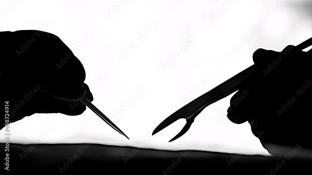 Poster Silhouette of a surgical instrument set including a scalpel and forceps creating a precise and detailed photogram on a white background Stock Photo with copy space