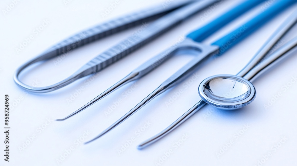 Poster Silhouette of a surgical instrument set including a scalpel and forceps creating a precise and detailed photogram on a white background Stock Photo with copy space