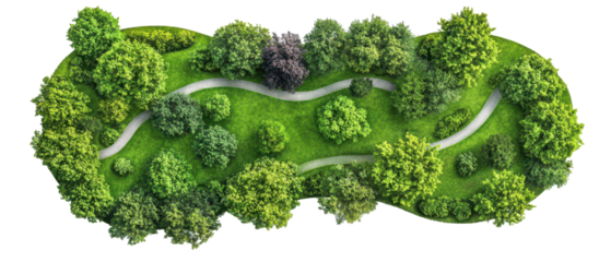 Aerial view of a lush green park featuring winding pathways and diverse trees isolate on transparent background, cutout, png