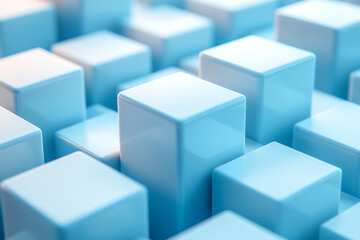 Obraz premium An abstract 3D grid of floating cubes with rounded edges, softly lit from the side, casting soft shadows on a pastel blue background,