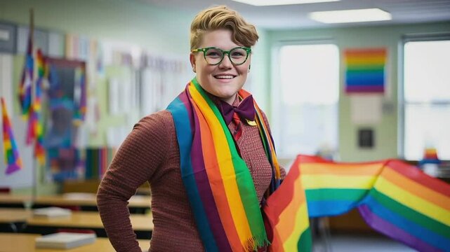 LGBT female school teacher smiling at classroom