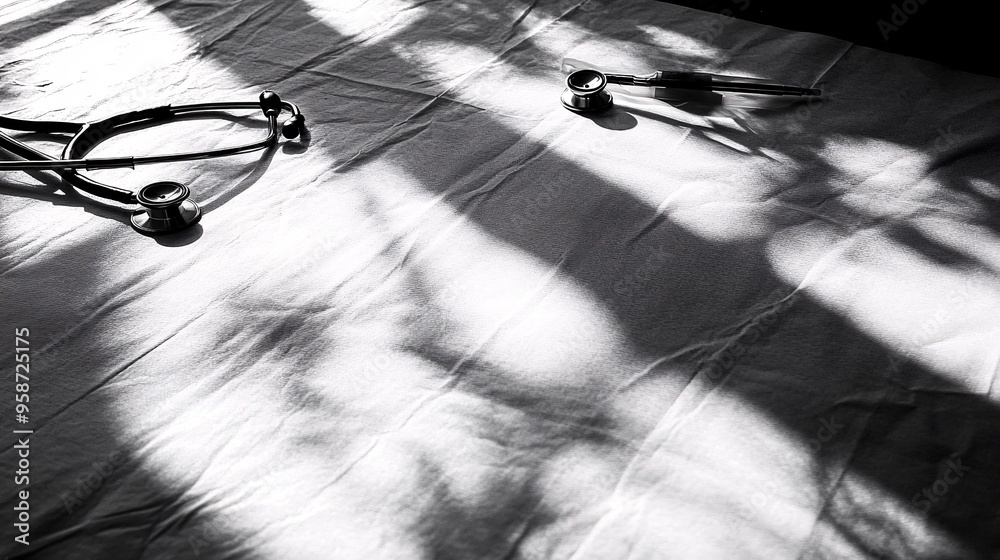 Poster photogram showing the shadowy outlines of various diagnostic tools like a stethoscope and thermomete