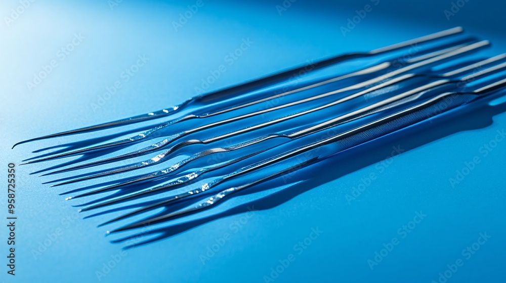 Aufkleber Photogram of a set of surgical tools arranged in a fan shape casting precise shadows on a light-sensitive surface Stock Photo with copy space
