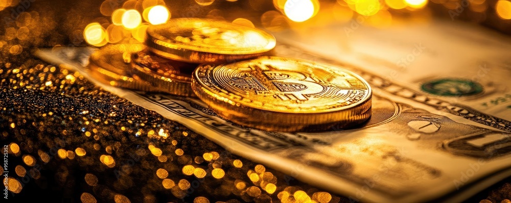 Poster close-up of shiny gold coins and a us dollar bill on a glittering surface, representing wealth and f