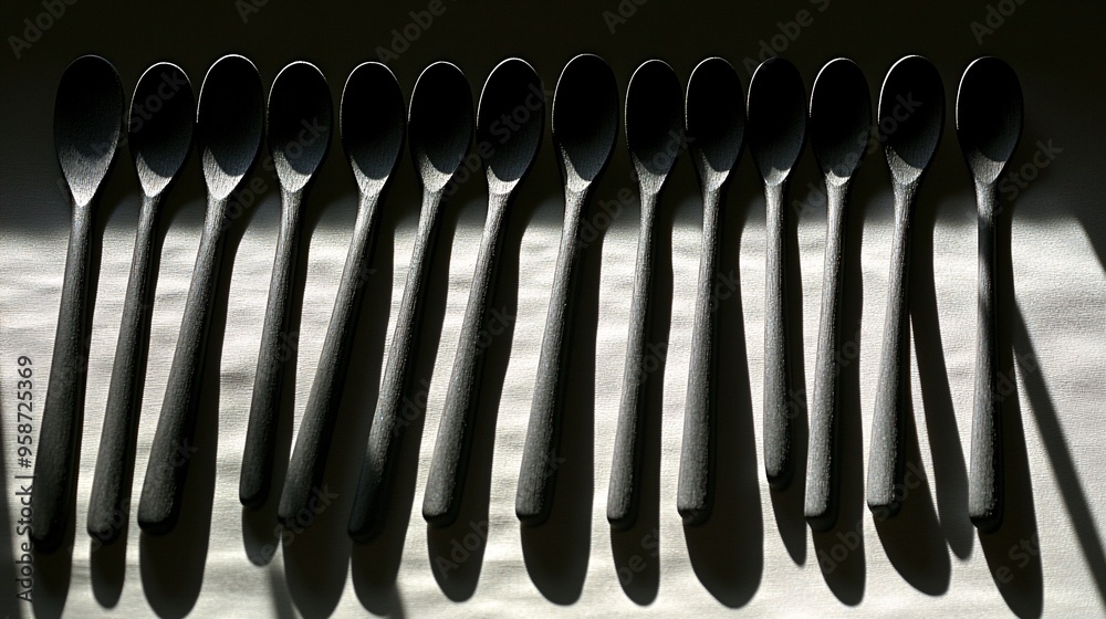 Aufkleber Photogram of a set of surgical tools arranged in a fan shape casting precise shadows on a light-sensitive surface Stock Photo with copy space