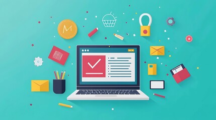 A flat design laptop with a checkmark, email, and office supplies, symbolizing organized productivity.