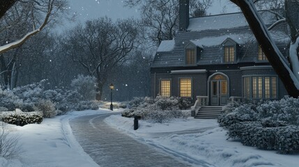 A charming house is nestled in a snowy landscape, embraced by towering pine trees. Twinkling lights illuminate the scene as snowflakes drift gently from the sky
