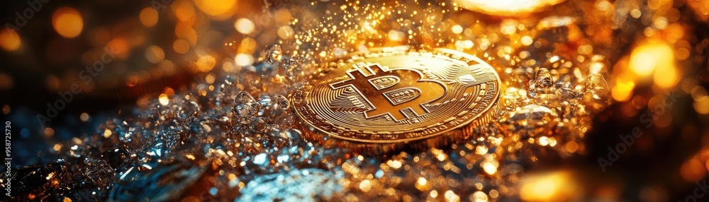 Aufkleber close-up of a shiny bitcoin amidst sparkling gold, symbolizing wealth and the rise of cryptocurrency