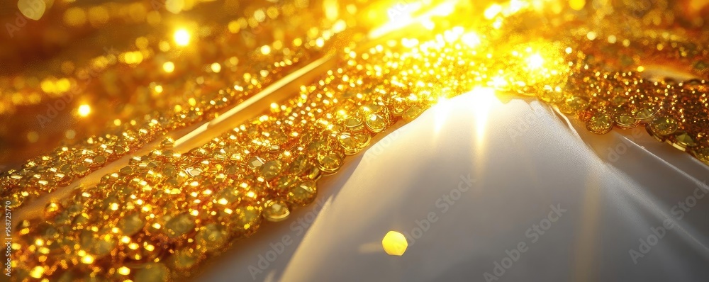 Poster a stunning close-up of golden glitter radiating bright light, creating a magical and captivating atm