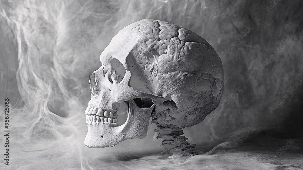 Poster Anatomical Photogram showing the shadow of a human skull model placed on a light-sensitive surface creating a detailed and haunting visual Stock Photo with copy space