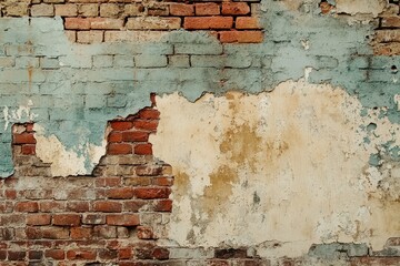 Weathered Brick Wall with Peeling Paint and Mortar