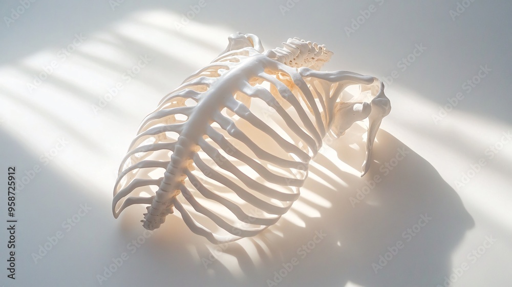 Poster photogram of a ribcage model laid flat casting intricate shadows on a high-contrast background stock