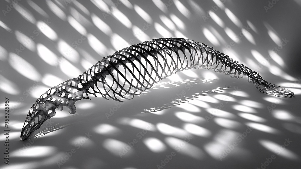 Poster photogram of a ribcage model laid flat casting intricate shadows on a high-contrast background stock