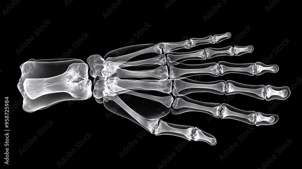 Poster Detailed photogram of a hand skeleton model arranged to showcase the bone structure in a clear shadowy outline Stock Photo with copy space