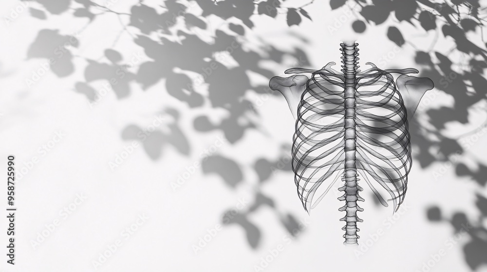 Poster photogram of a ribcage model laid flat casting intricate shadows on a high-contrast background stock