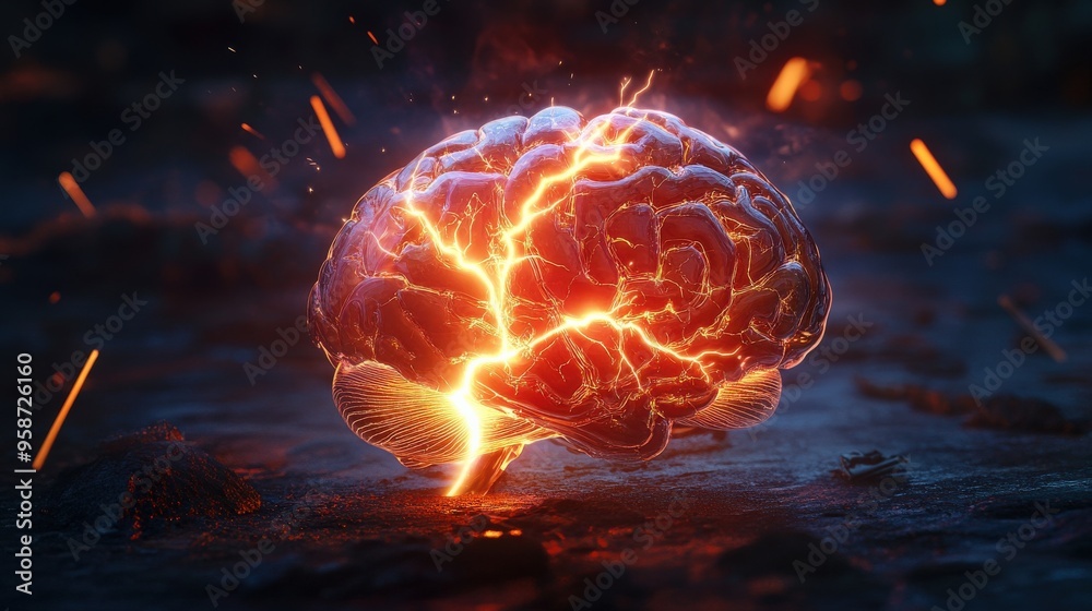 Poster The brain glows vividly with striking lightning bolts, representing deep cognitive processes and electrical impulses in an abstract setting, creating a dynamic visual experience